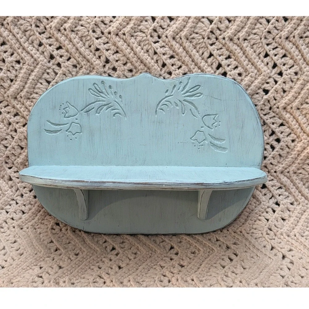 Vintage Handcrafted Light Blue Wood Wall Shelf Floral Carved Distressed 12.5in
